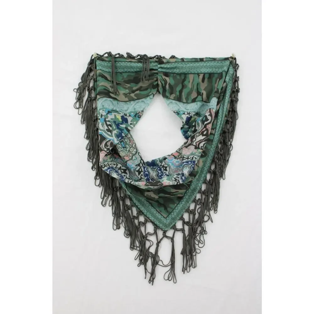 Green Paisley Camo Mixed Print Infinity Loop Scarf Bandana Cowl knotted Fringe
